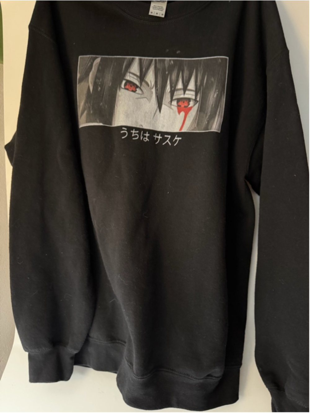 Gildan Black Crewneck Sweater with Red Anime Eye Graphic Medium